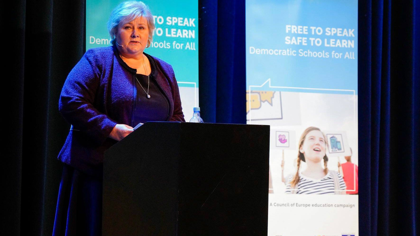 Dir norwegische Premierministerin Erna Solberg eröffnete mit ihrer Ansprache die Europrat-Kampagne  "Free to Speak, Safe to Learn. Democratic Schools for all."Oslo 2018